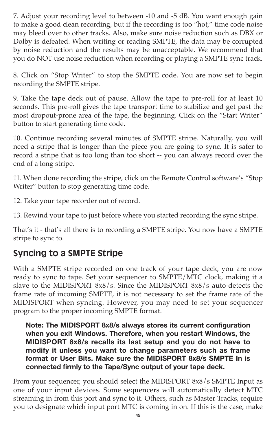 Syncing to a smpte stripe | M-AUDIO MIDISPORT 8x8/s User Manual | Page 45 / 52