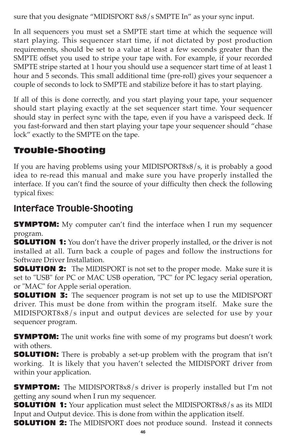 Trouble-shooting, Interface trouble-shooting | M-AUDIO MIDISPORT 8x8/s User Manual | Page 46 / 52