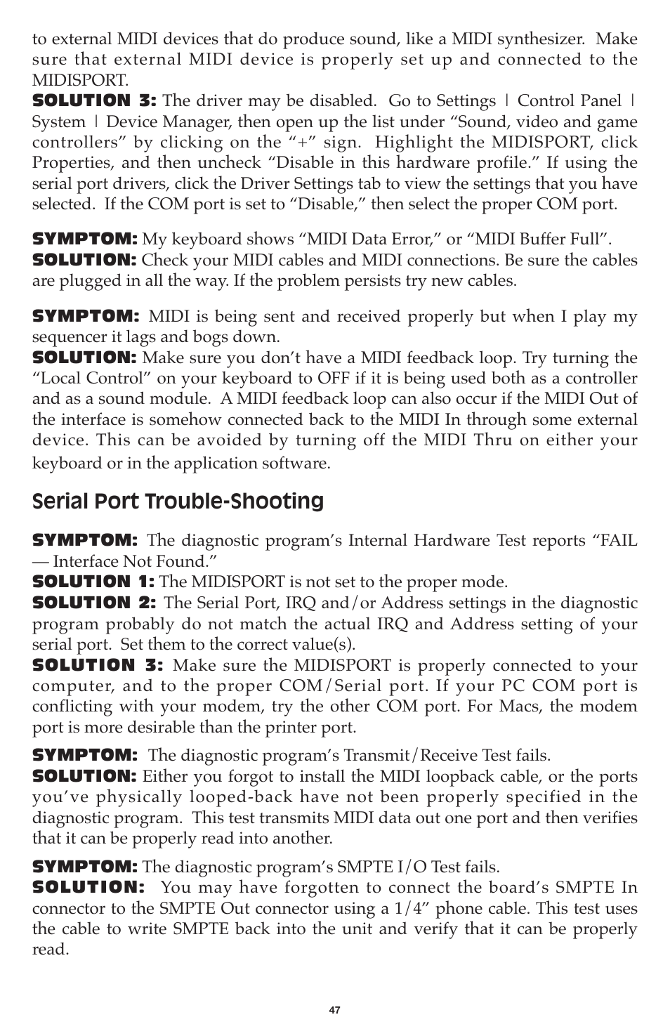 Serial port trouble-shooting | M-AUDIO MIDISPORT 8x8/s User Manual | Page 47 / 52