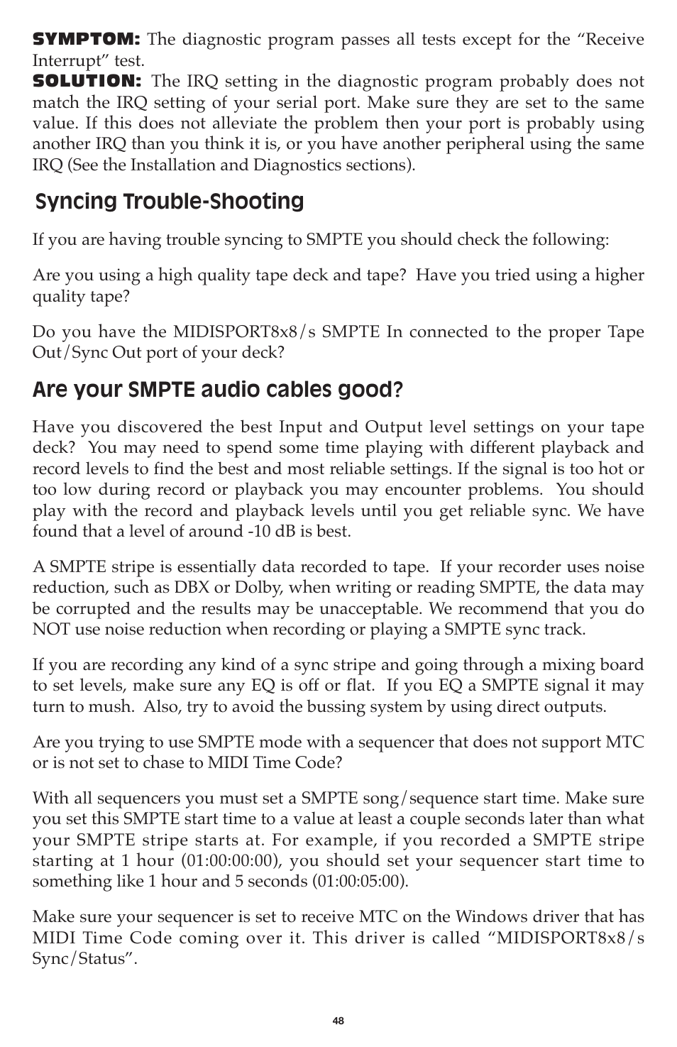 Syncing trouble-shooting, Are your smpte audio cables good | M-AUDIO MIDISPORT 8x8/s User Manual | Page 48 / 52