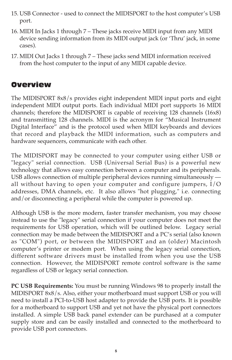 Overview | M-AUDIO MIDISPORT 8x8/s User Manual | Page 5 / 52