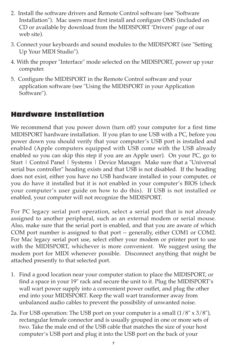 Hardware installation | M-AUDIO MIDISPORT 8x8/s User Manual | Page 7 / 52