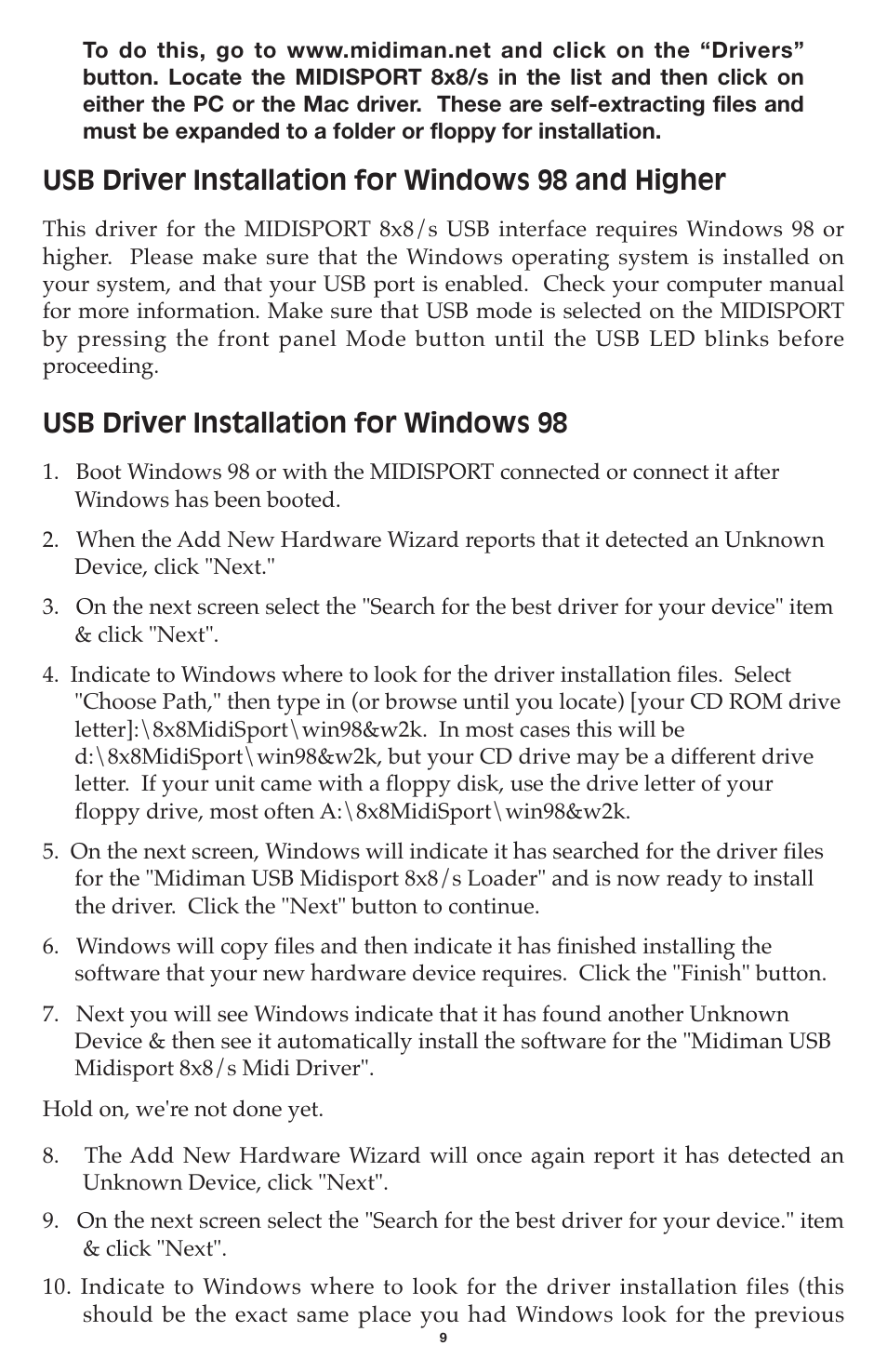 Usb driver installation for windows 98 and higher, Usb driver installation for windows 98 | M-AUDIO MIDISPORT 8x8/s User Manual | Page 9 / 52