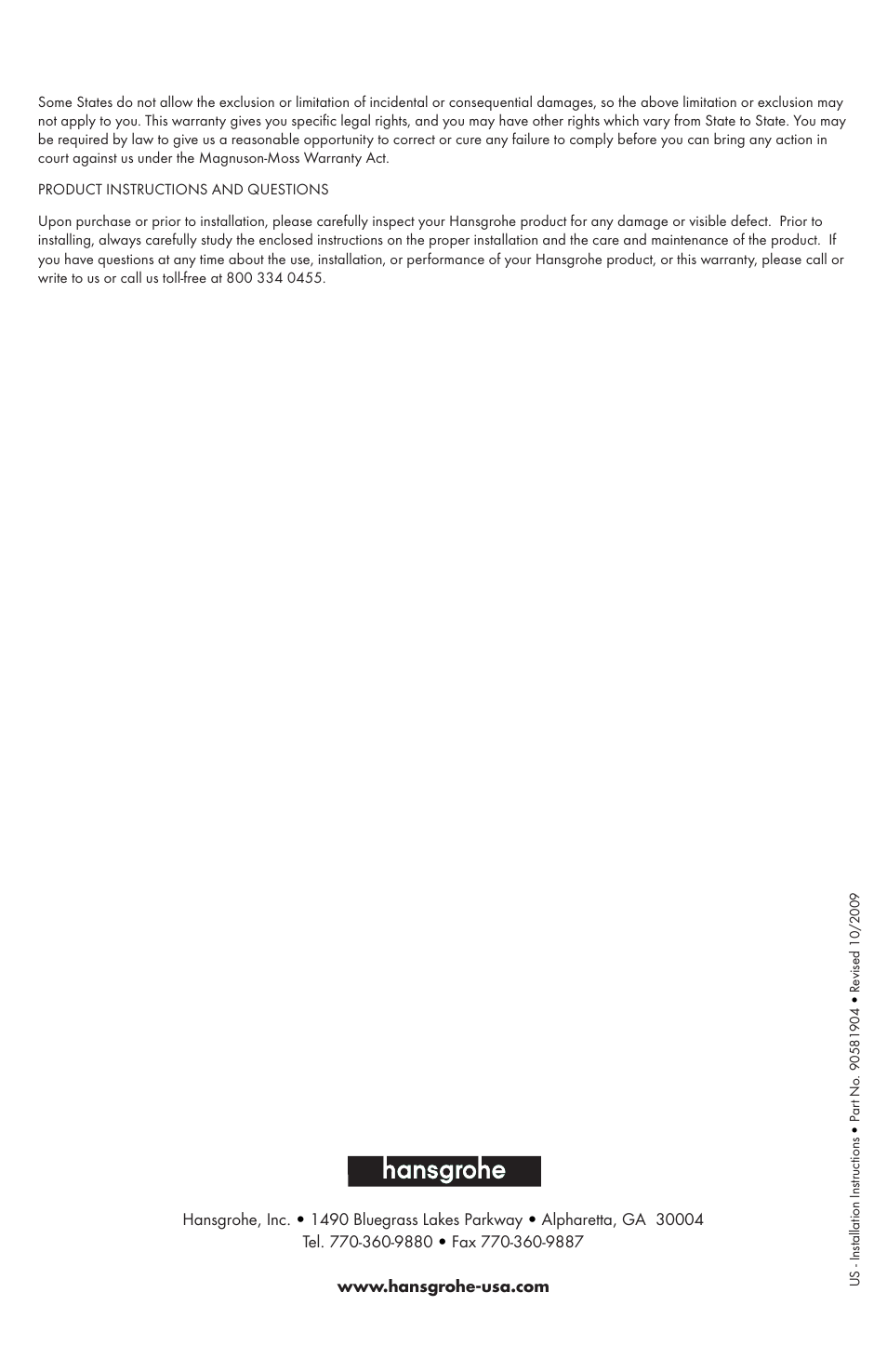 Factory Direct Hardware Hansgrohe 39020 User Manual | Page 12 / 12