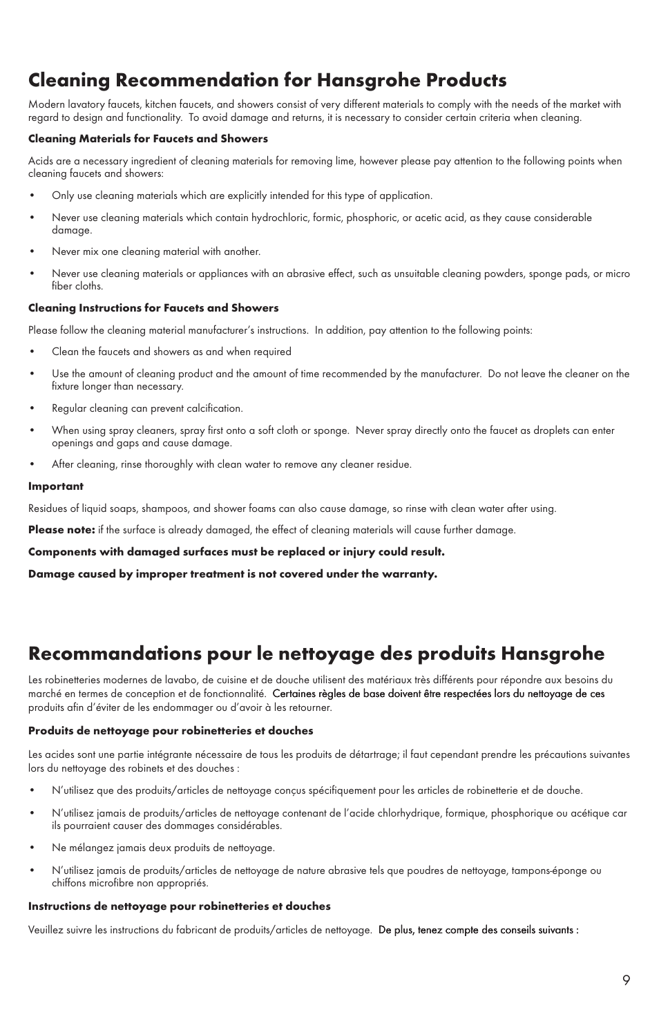 Cleaning recommendation for hansgrohe products | Factory Direct Hardware Hansgrohe 39020 User Manual | Page 9 / 12