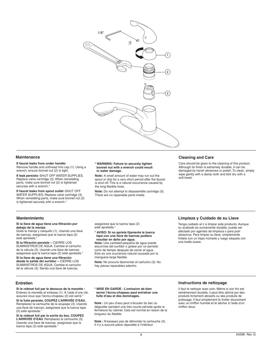 Maintenance, Mantenimiento entretien cleaning and care, Instructions de nettoyage | Limpieza y cuidado de su llave | Factory Direct Hardware Delta 472-DST Signature User Manual | Page 9 / 12