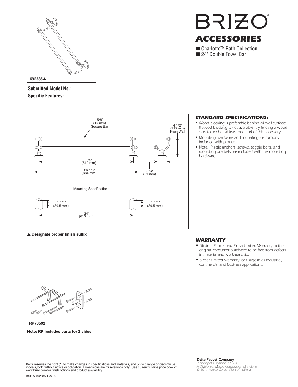 Factory Direct Hardware Brizo 692585 Charlotte User Manual | 1 page