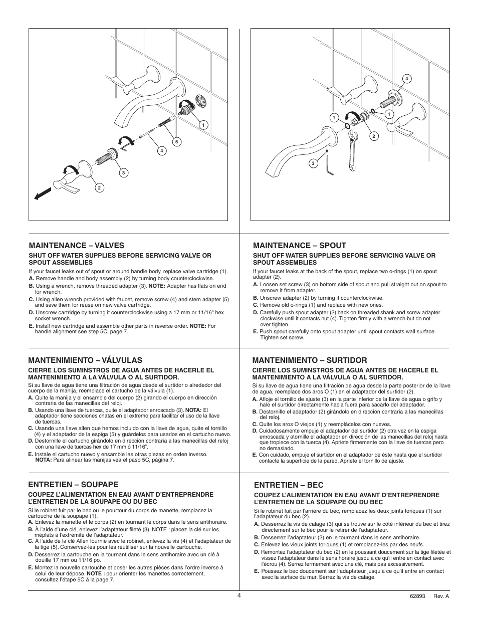 Maintenance – valves, Maintenance – spout, Mantenimiento – válvulas | Mantenimiento – surtidor, Entretien – soupape, Entretien – bec | Factory Direct Hardware Brizo 65890LF-LHP RSVP User Manual | Page 4 / 8