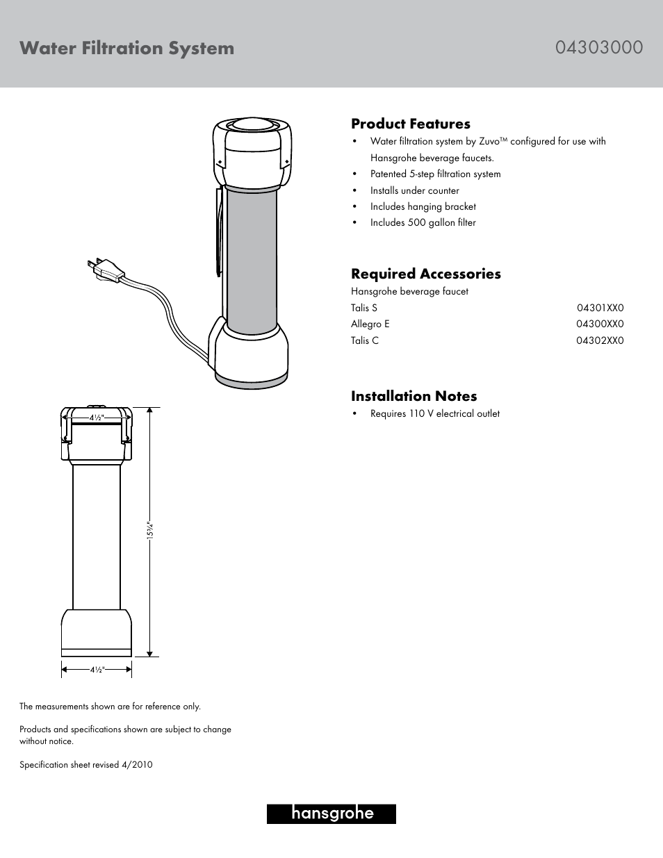 Factory Direct Hardware Hansgrohe 04303000 Water Filter User Manual | 1 page