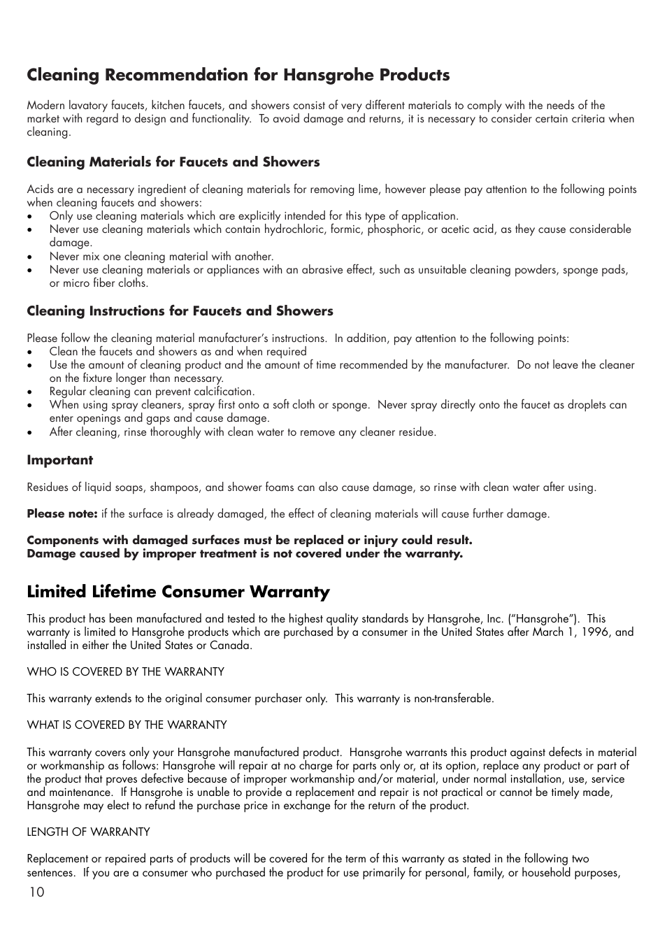 Limited lifetime consumer warranty, Cleaning recommendation for hansgrohe products | Factory Direct Hardware Hansgrohe 39115 User Manual | Page 10 / 12