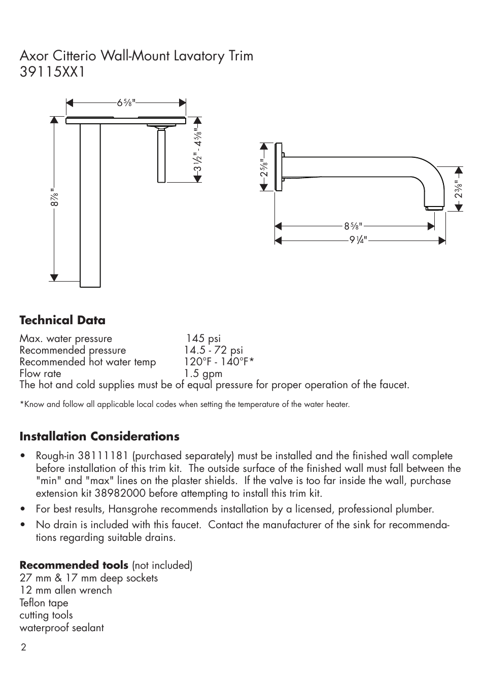 Factory Direct Hardware Hansgrohe 39115 User Manual | Page 2 / 12