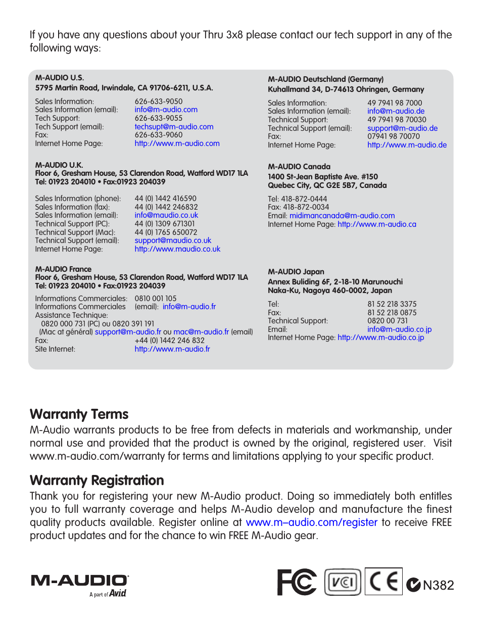 Warranty terms, Warranty registration | M-AUDIO Thru 3x8 User Manual | Page 4 / 4