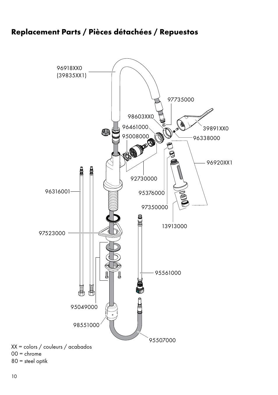 Replacement parts / pièces détachées / repuestos | Factory Direct Hardware Hansgrohe 39835 Axor Citterio User Manual | Page 10 / 16