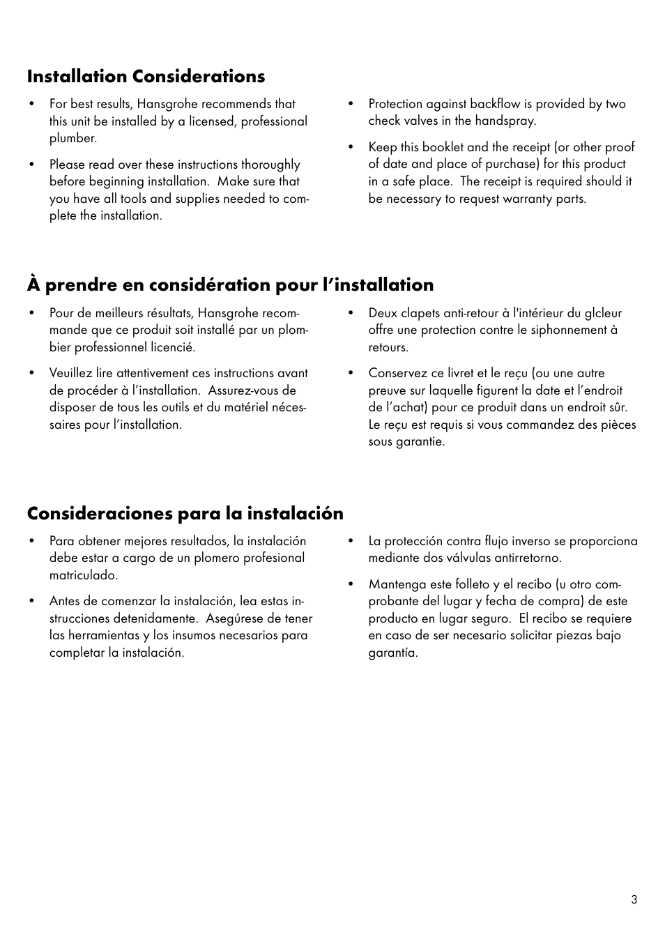 Installation considerations, À prendre en considération pour l’installation, Consideraciones para la instalación | Factory Direct Hardware Hansgrohe 39835 Axor Citterio User Manual | Page 3 / 16