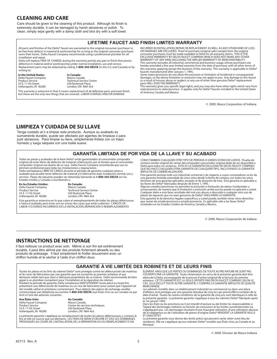 Cleaning and care, Instructions de nettoyage, Limpieza y cuidada de su llave | Lifetime faucet and finish limited warranty | Factory Direct Hardware Delta 185LF Grail User Manual | Page 5 / 6