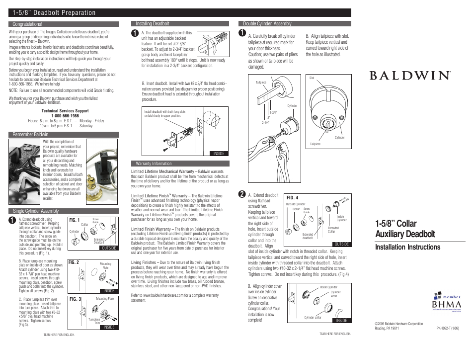 5/8” collar auxiliary deadbolt, Installation instructions, 5/8” deadbolt preparation | Factory Direct Hardware Baldwin 8031 User Manual | Page 2 / 2