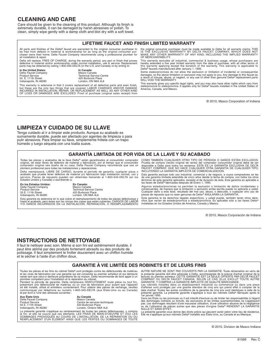 Cleaning and care, Instructions de nettoyage, Limpieza y cuidado de su llave | Lifetime faucet and finish limited warranty | Factory Direct Hardware Delta 1903-DST Classic User Manual | Page 10 / 12