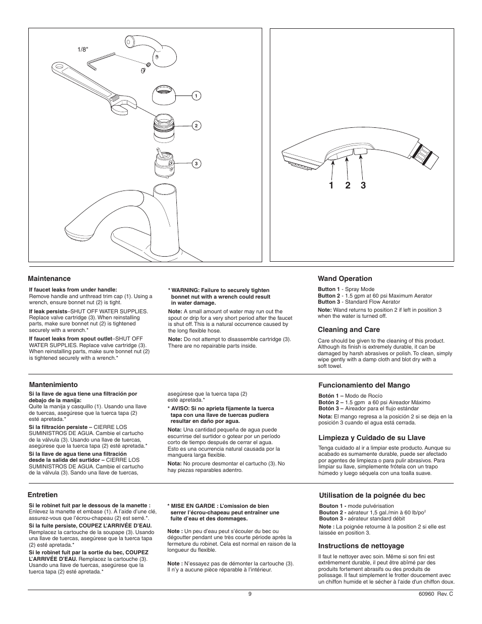 Maintenance, Mantenimiento entretien instructions de nettoyage, Limpieza y cuidado de su llave | Wand operation, Cleaning and care, Funcionamiento del mango, Utilisation de la poignée du bec | Factory Direct Hardware Delta 4353-DST Linden User Manual | Page 9 / 12