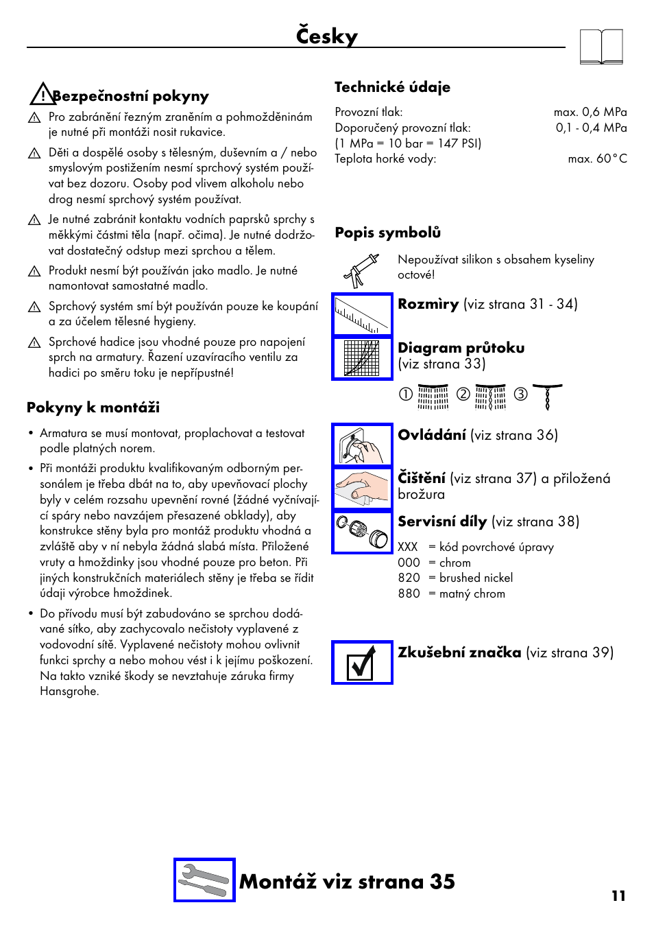 Česky, Česky montáž viz strana 35 | Factory Direct Hardware Hansgrohe 28632 Unica S User Manual | Page 11 / 40