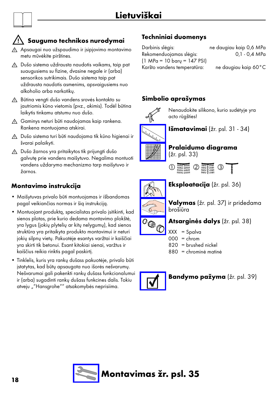 Lietuviškai, Lietuviškai montavimas žr. psl. 35 | Factory Direct Hardware Hansgrohe 28632 Unica S User Manual | Page 18 / 40