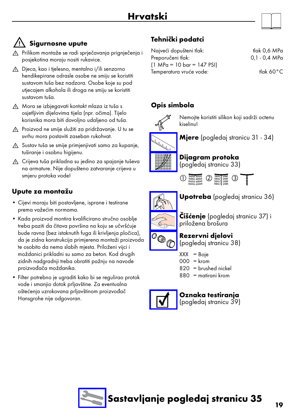 Hrvatski, Hrvatski sastavljanje pogledaj stranicu 35 | Factory Direct Hardware Hansgrohe 28632 Unica S User Manual | Page 19 / 40