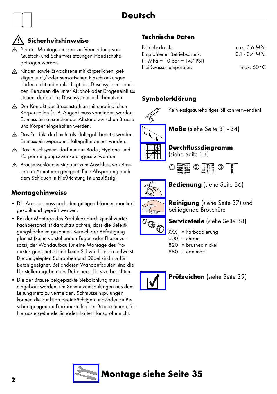 Deutsch, Deutsch montage siehe seite 35 | Factory Direct Hardware Hansgrohe 28632 Unica S User Manual | Page 2 / 40