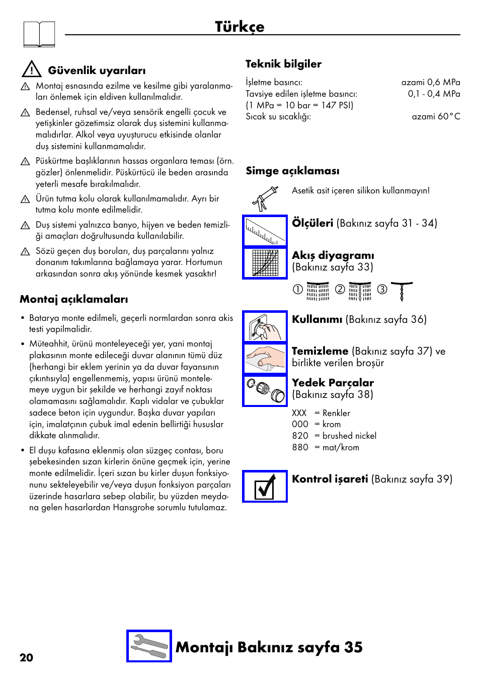 Türkçe, Türkçe montajı bakınız sayfa 35 | Factory Direct Hardware Hansgrohe 28632 Unica S User Manual | Page 20 / 40