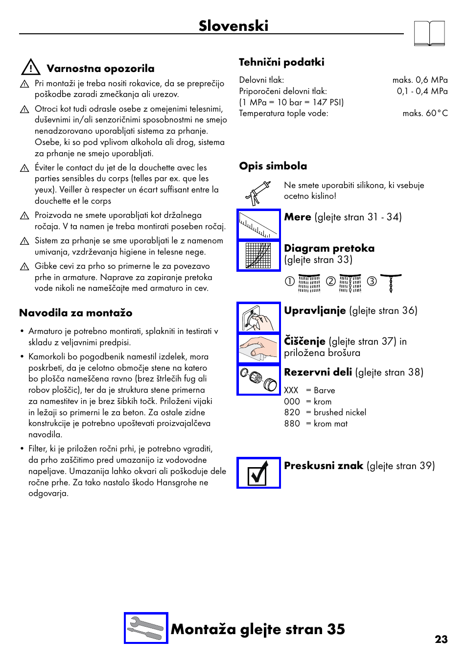 Slovenski, Slovenski montaža glejte stran 35 | Factory Direct Hardware Hansgrohe 28632 Unica S User Manual | Page 23 / 40