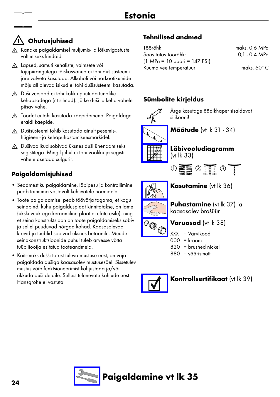 Estonia, Estonia paigaldamine vt lk 35 | Factory Direct Hardware Hansgrohe 28632 Unica S User Manual | Page 24 / 40