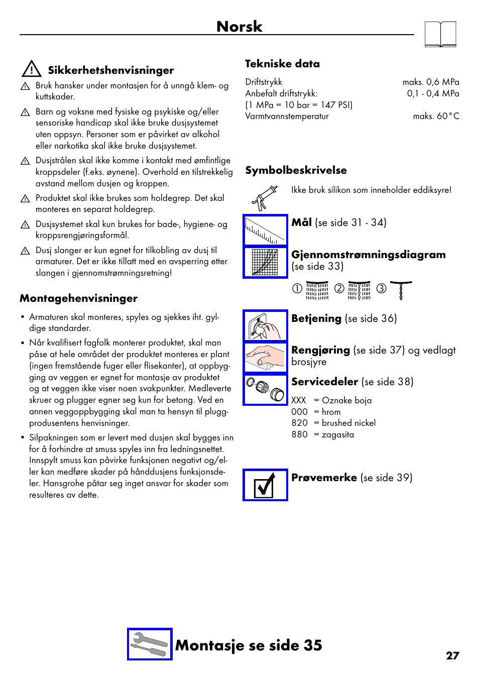 Norsk, Norsk montasje se side 35 | Factory Direct Hardware Hansgrohe 28632 Unica S User Manual | Page 27 / 40
