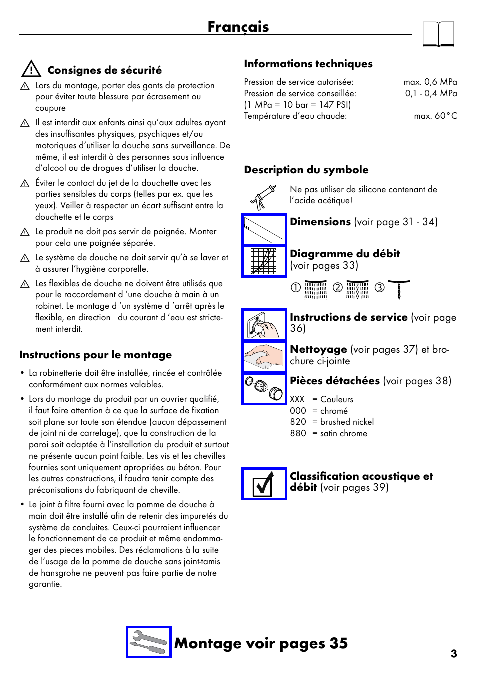 Français, Français montage voir pages 35 | Factory Direct Hardware Hansgrohe 28632 Unica S User Manual | Page 3 / 40