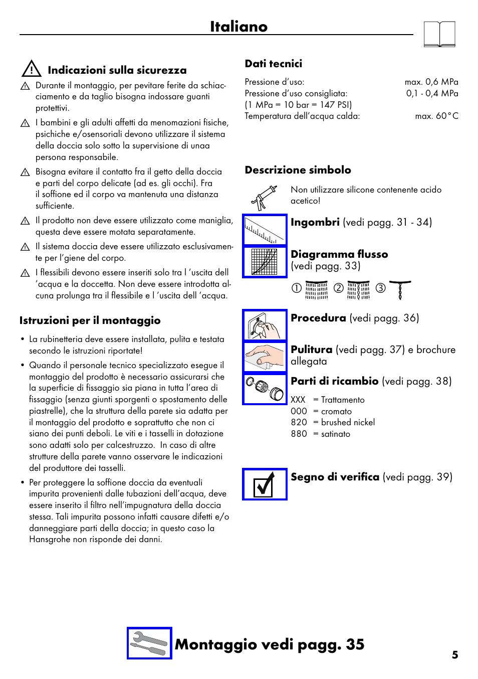 Italiano, Italiano montaggio vedi pagg. 35 | Factory Direct Hardware Hansgrohe 28632 Unica S User Manual | Page 5 / 40