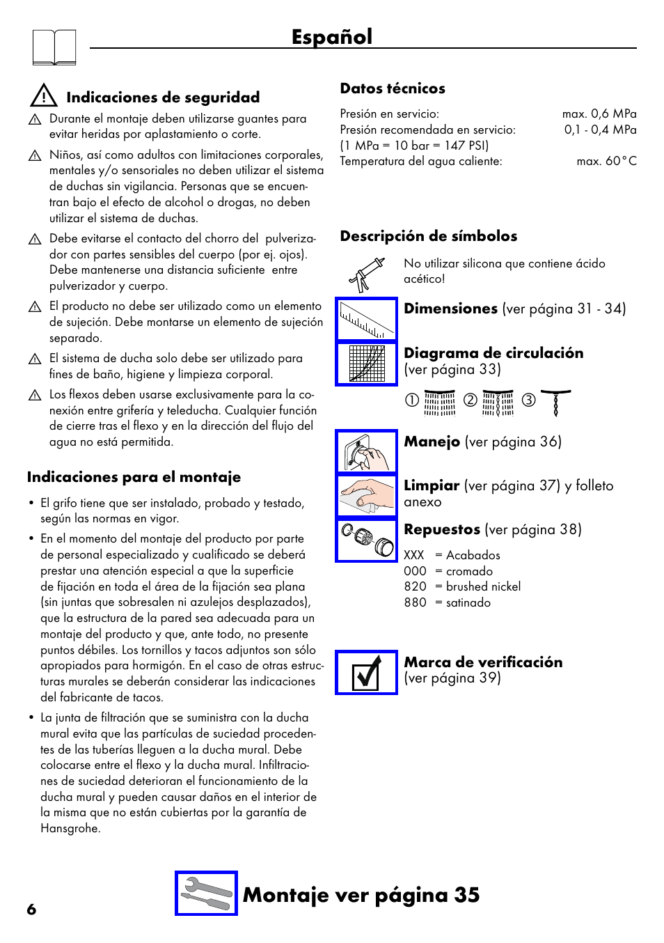 Español, Español montaje ver página 35 | Factory Direct Hardware Hansgrohe 28632 Unica S User Manual | Page 6 / 40