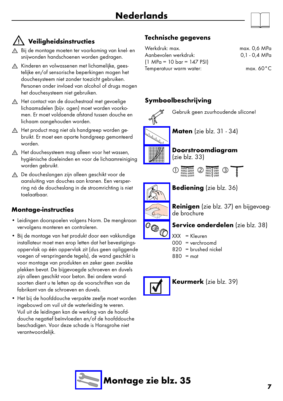 Nederlands, Nederlands montage zie blz. 35 | Factory Direct Hardware Hansgrohe 28632 Unica S User Manual | Page 7 / 40