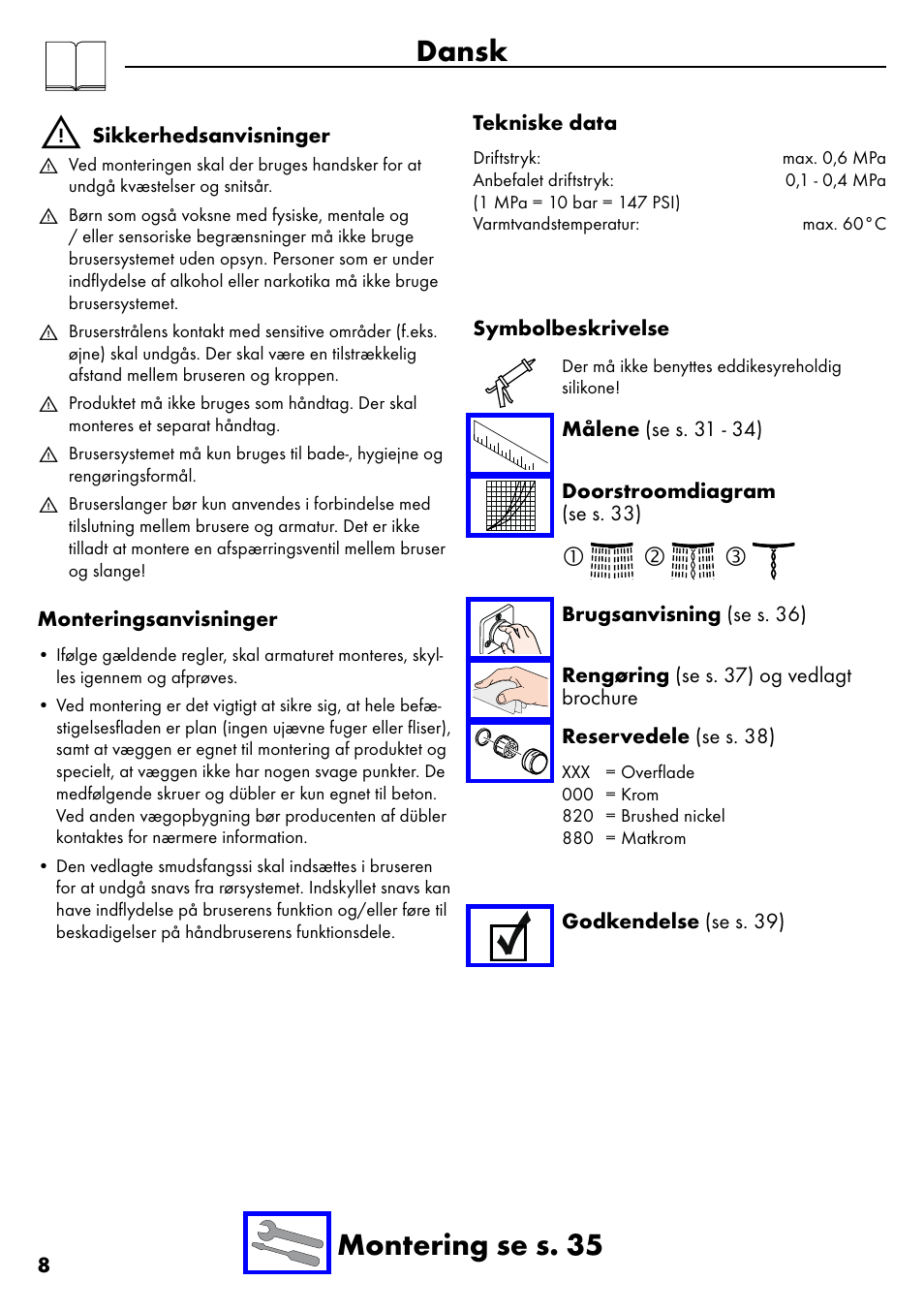 Dansk, Dansk montering se s. 35 | Factory Direct Hardware Hansgrohe 28632 Unica S User Manual | Page 8 / 40