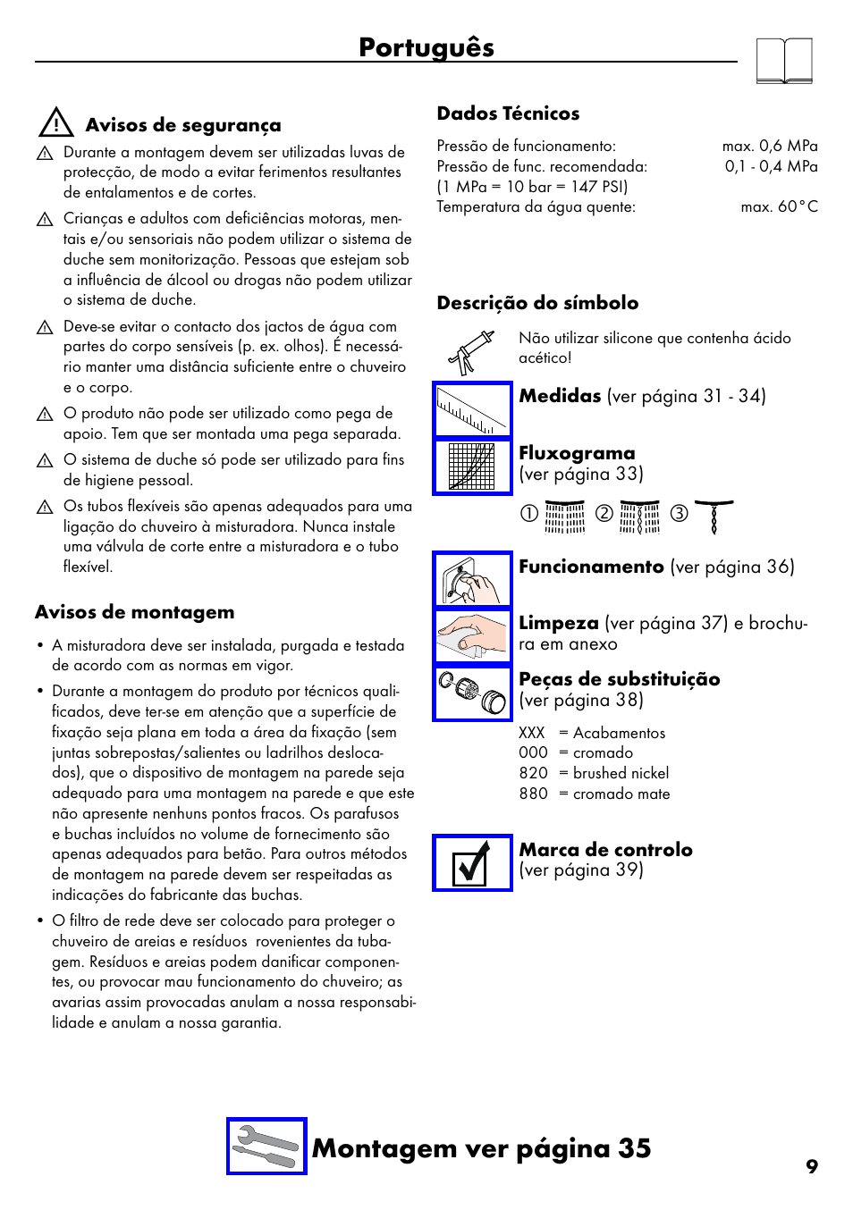 Português, Português montagem ver página 35 | Factory Direct Hardware Hansgrohe 28632 Unica S User Manual | Page 9 / 40