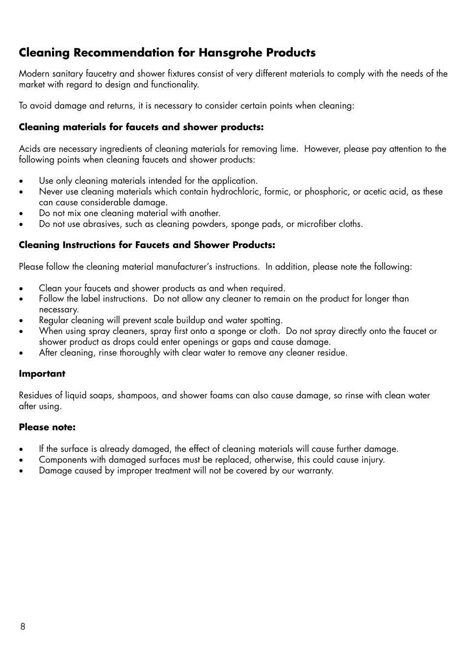 Cleaning recommendation for hansgrohe products | Factory Direct Hardware Hansgrohe 18010001 User Manual | Page 8 / 12