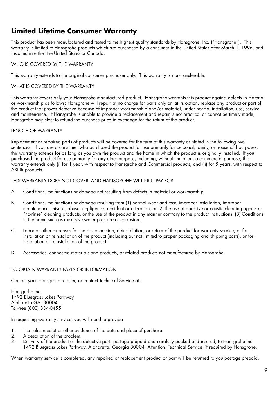 Limited lifetime consumer warranty | Factory Direct Hardware Hansgrohe 18010001 User Manual | Page 9 / 12