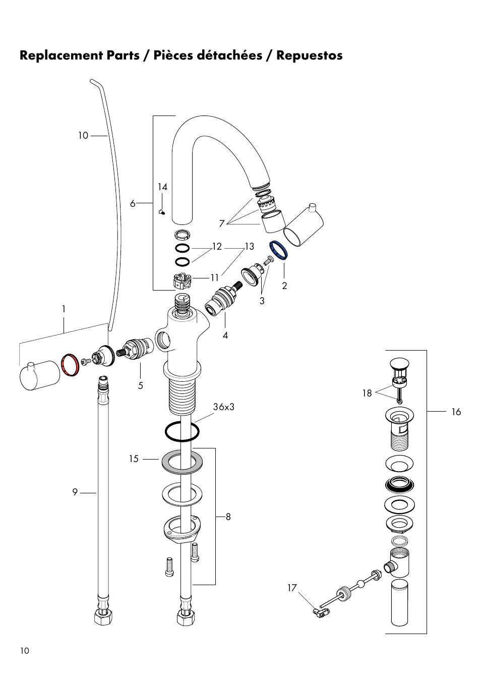 Replacement parts / pièces détachées / repuestos | Factory Direct Hardware Hansgrohe 32030 User Manual | Page 10 / 16