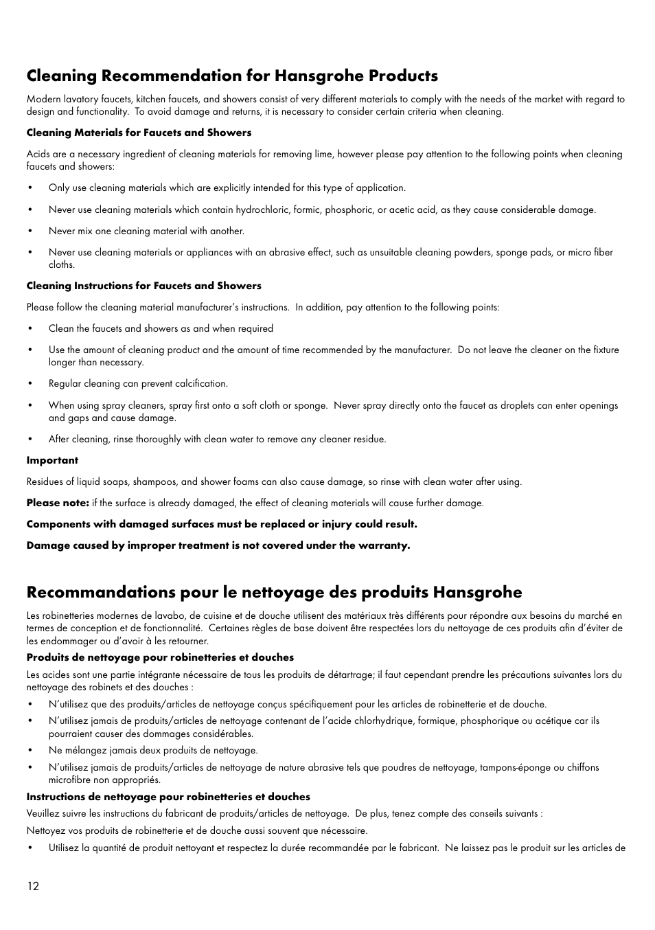 Cleaning recommendation for hansgrohe products | Factory Direct Hardware Hansgrohe 32030 User Manual | Page 12 / 16