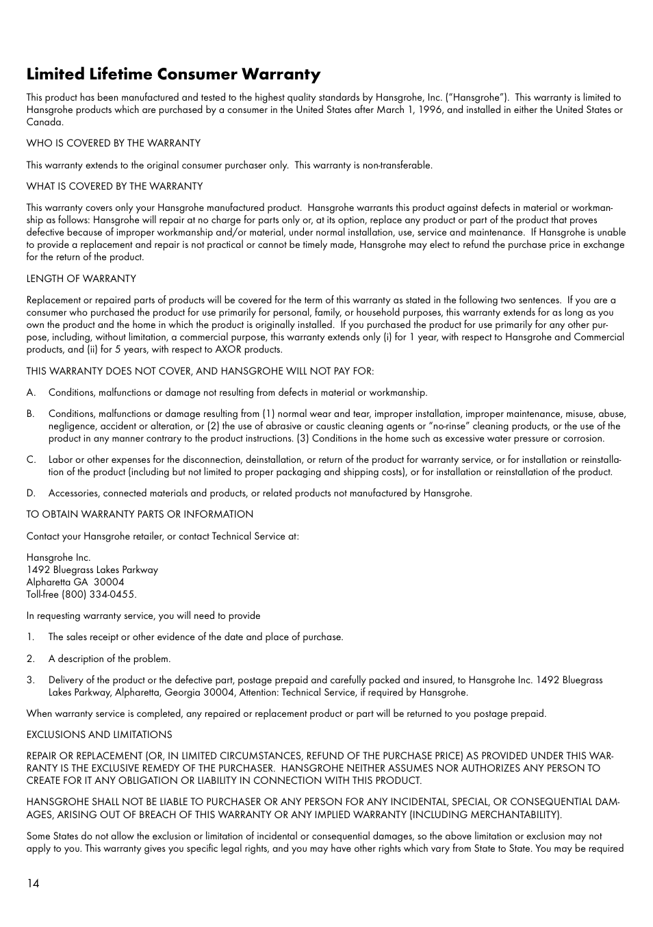 Limited lifetime consumer warranty | Factory Direct Hardware Hansgrohe 32030 User Manual | Page 14 / 16