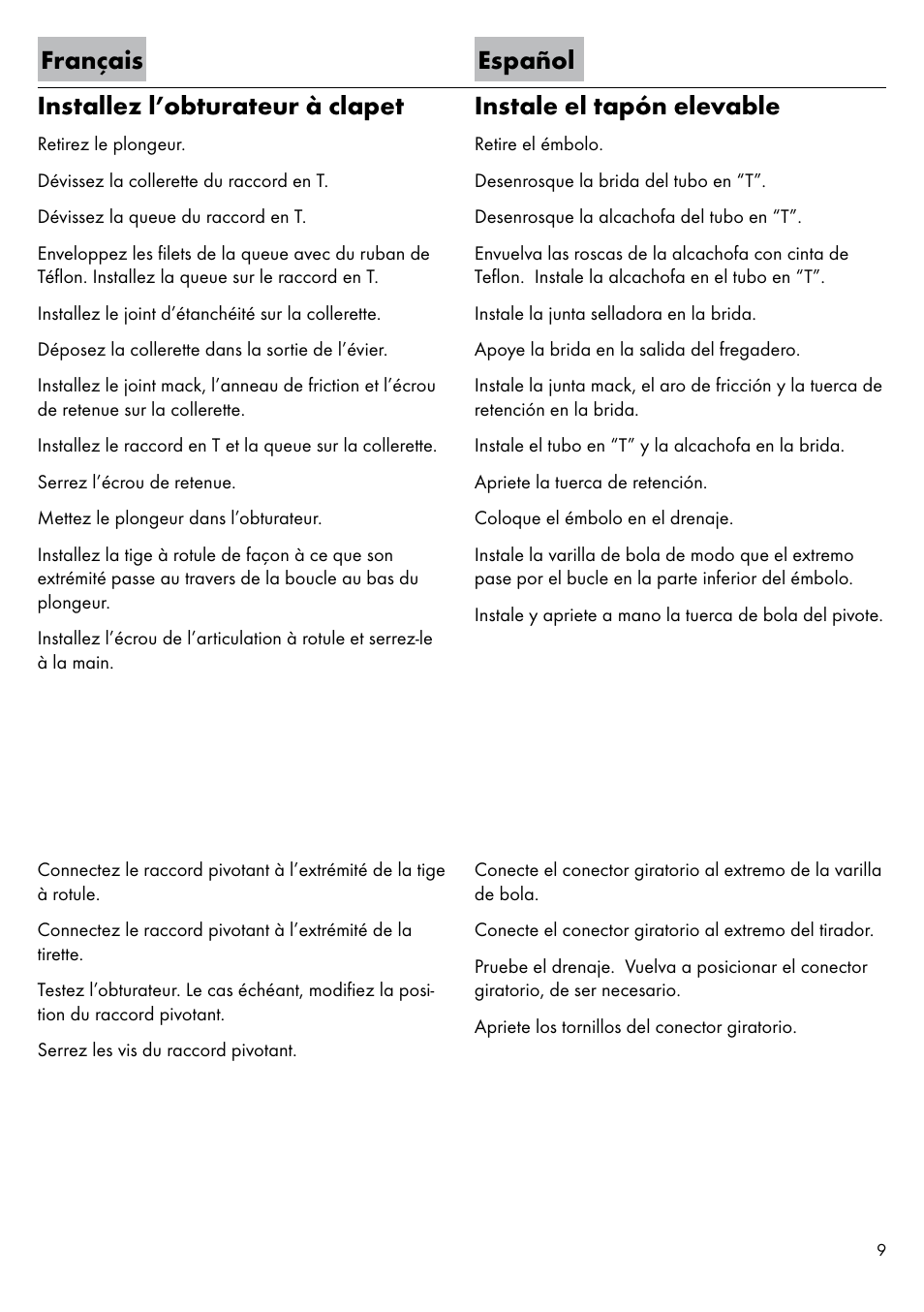 Français español installez l’obturateur à clapet, Instale el tapón elevable | Factory Direct Hardware Hansgrohe 32030 User Manual | Page 9 / 16