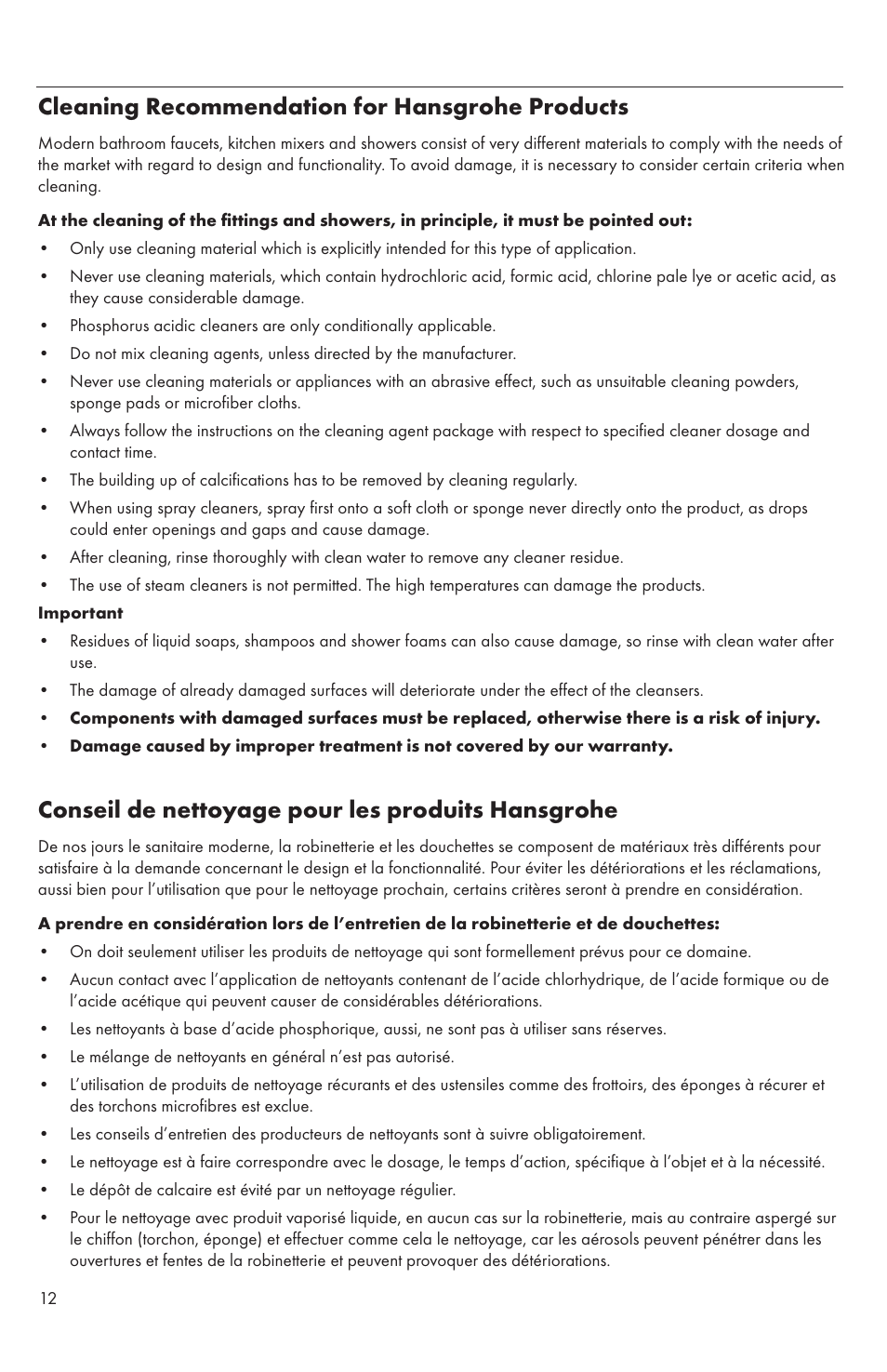 Cleaning recommendation for hansgrohe products, Conseil de nettoyage pour les produits hansgrohe | Factory Direct Hardware Hansgrohe 27422 Raindance User Manual | Page 12 / 16