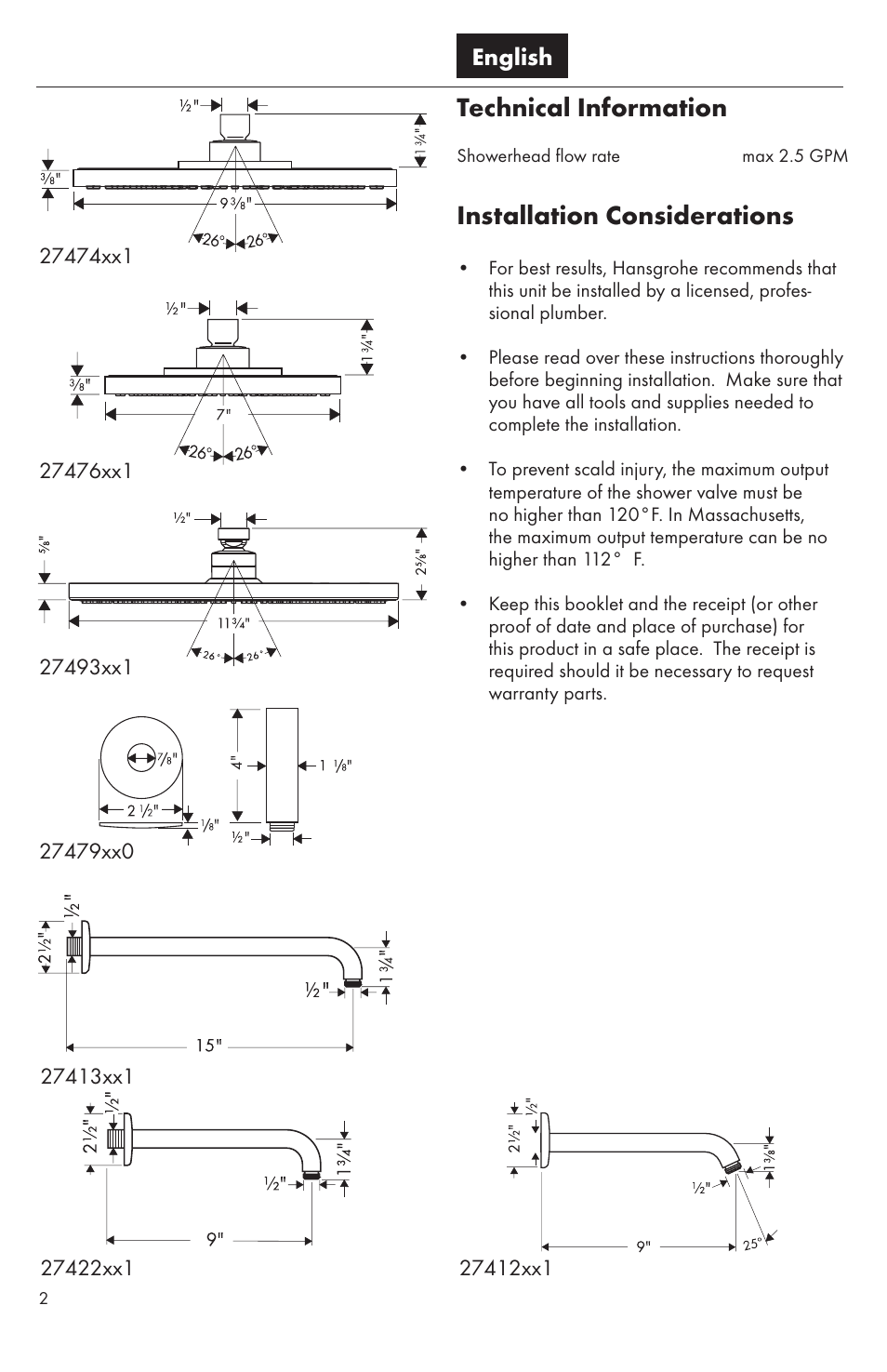 Technical information, Installation considerations, English | Factory Direct Hardware Hansgrohe 27422 Raindance User Manual | Page 2 / 16