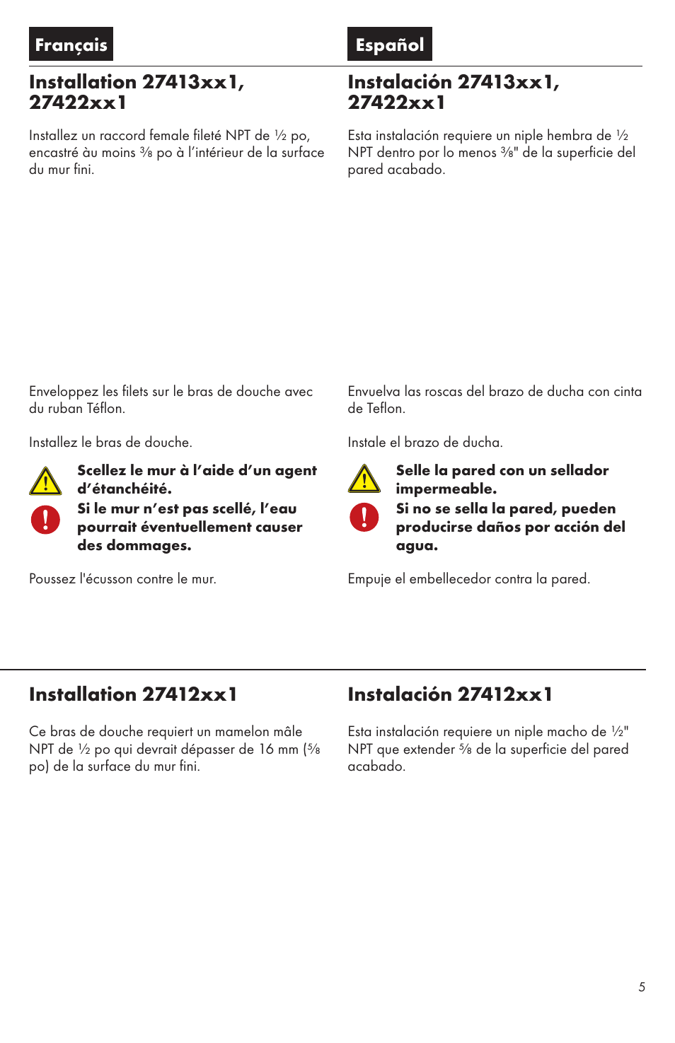 Français español | Factory Direct Hardware Hansgrohe 27422 Raindance User Manual | Page 5 / 16