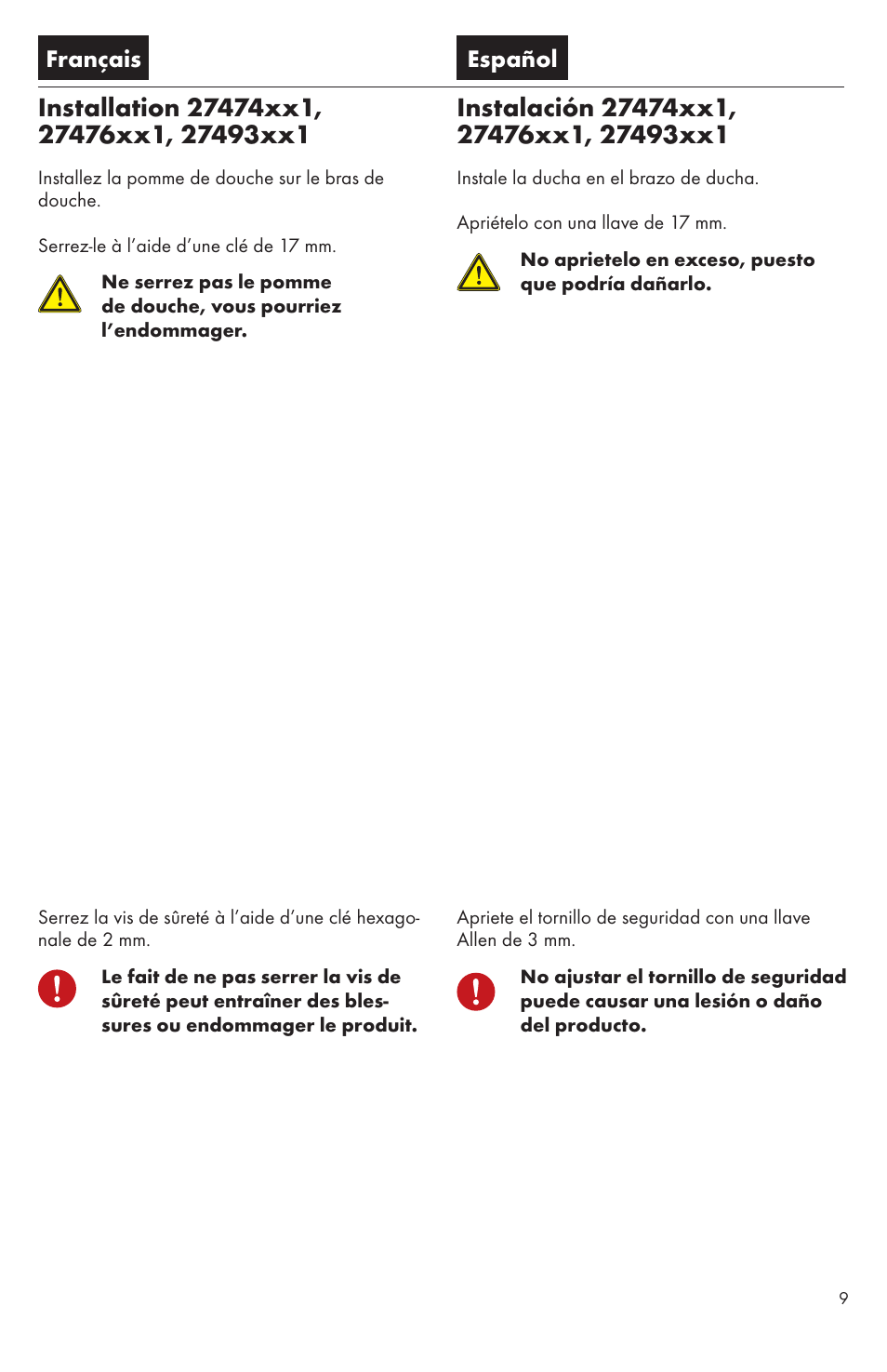 Français español | Factory Direct Hardware Hansgrohe 27422 Raindance User Manual | Page 9 / 16