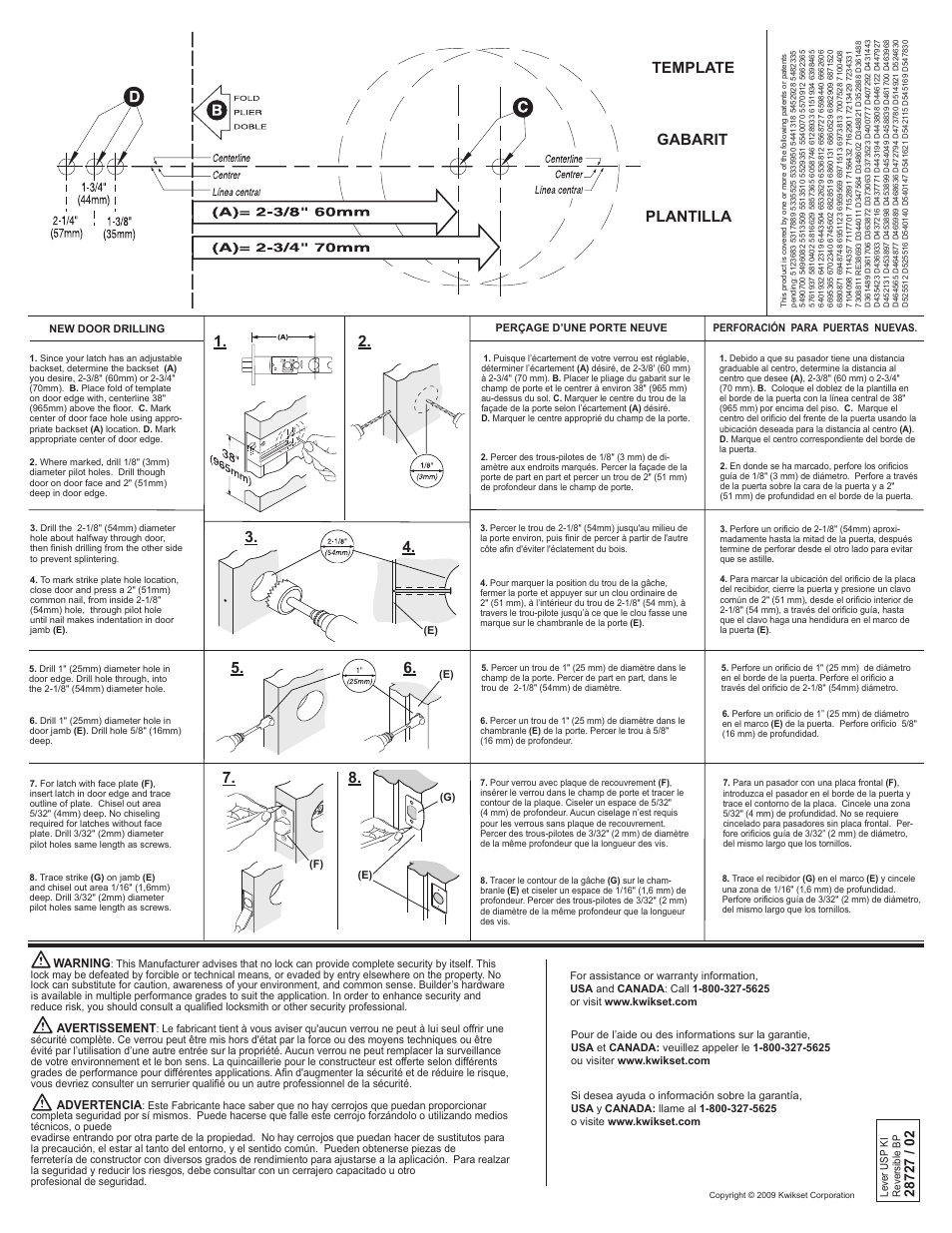 Plantilla, Template gabarit | Kwikset 720PML User Manual | Page 2 / 2