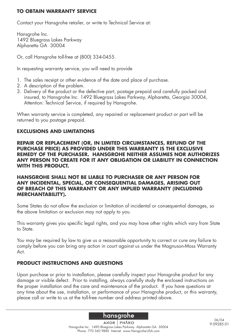 Factory Direct Hardware Hansgrohe 10313 User Manual | Page 4 / 4