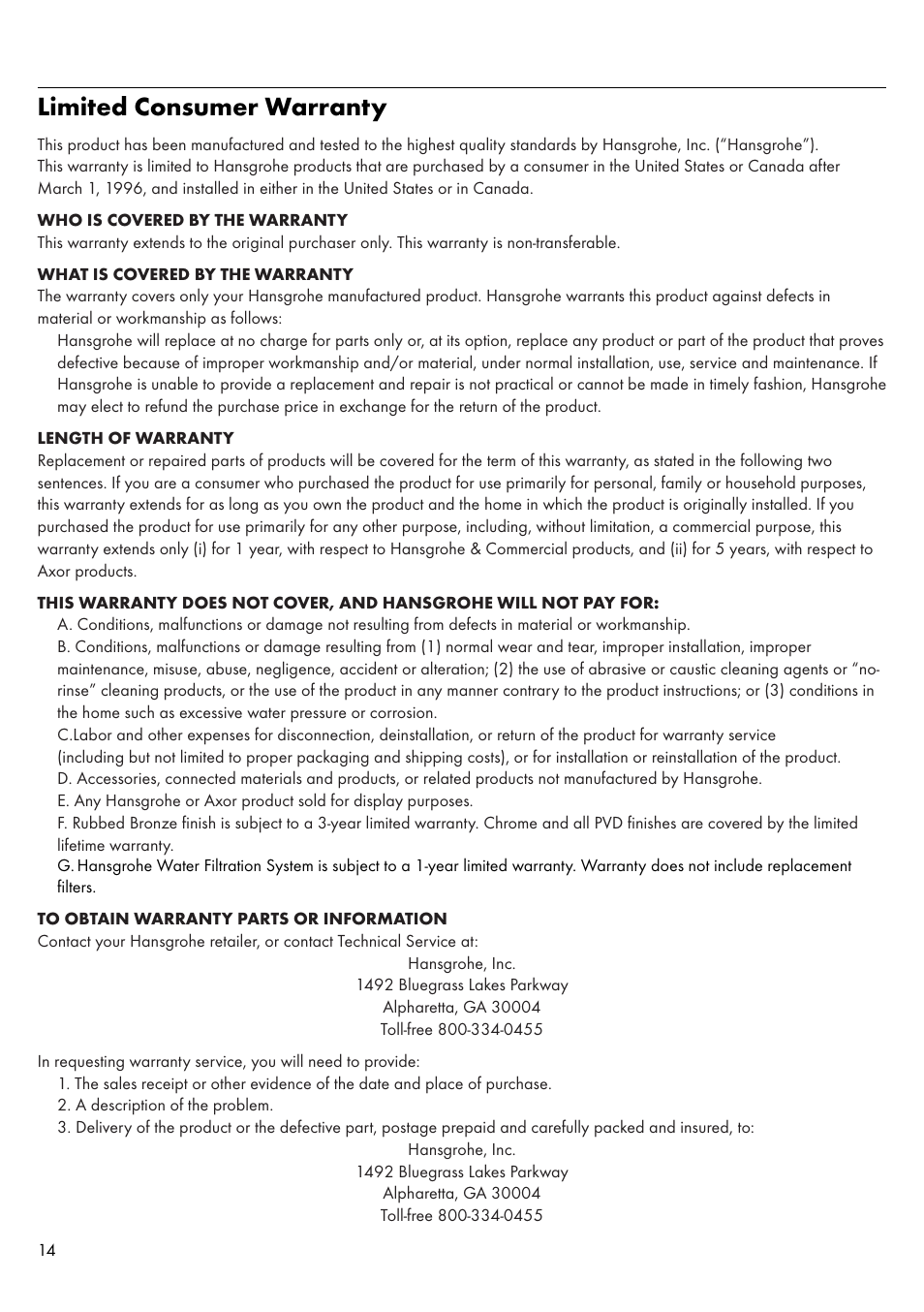 Limited consumer warranty | Factory Direct Hardware Hansgrohe 39851 Axor Citterio  User Manual | Page 14 / 16