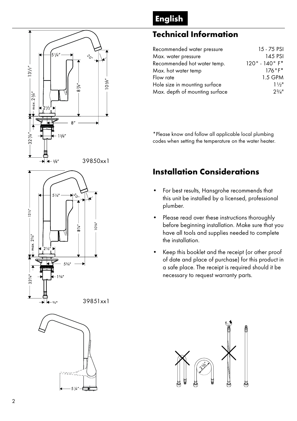 Technical information, English installation considerations | Factory Direct Hardware Hansgrohe 39851 Axor Citterio  User Manual | Page 2 / 16